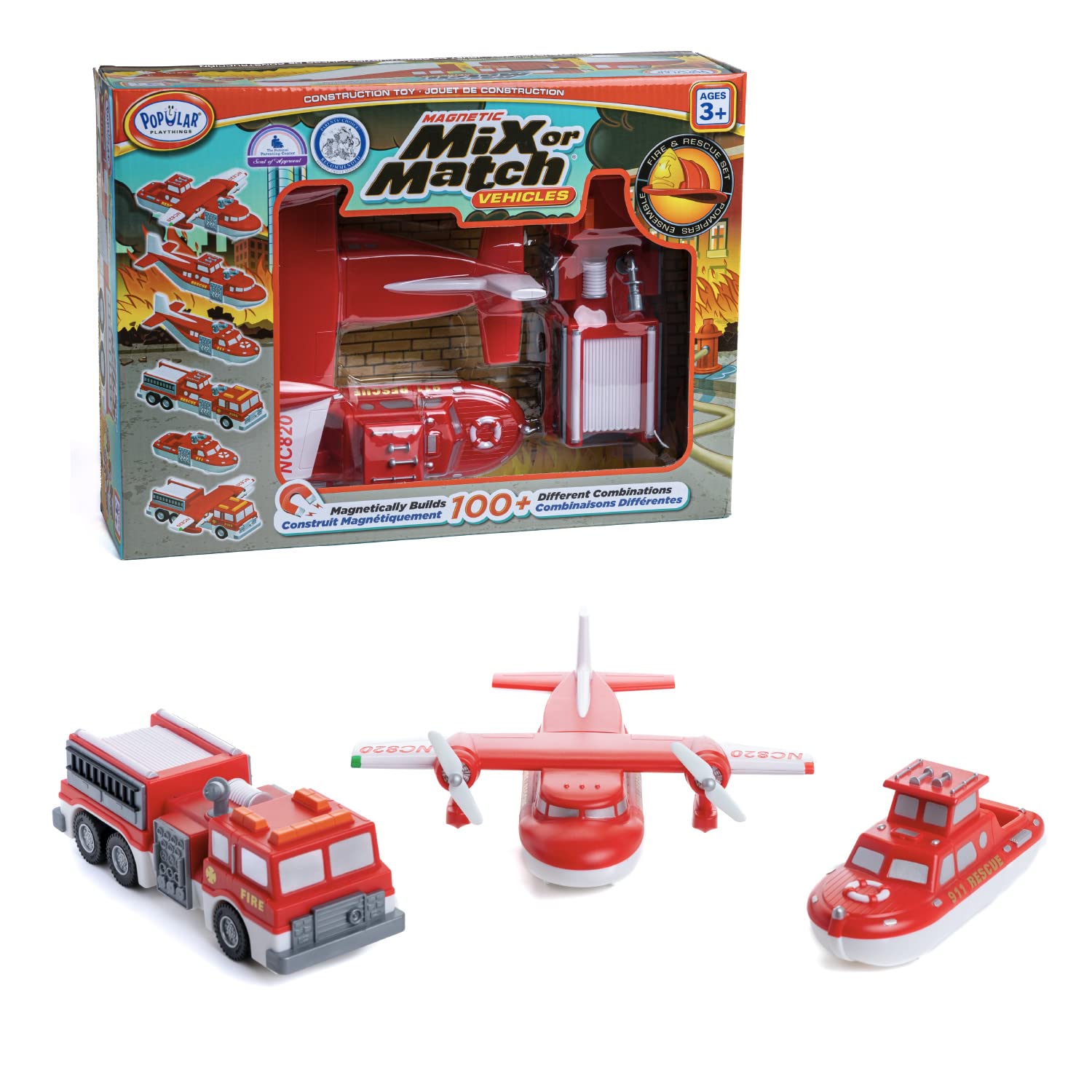 Popular PLAYTHINGS Magnetic Mix or Match® Vehicles, Fire & Rescue, Red and White