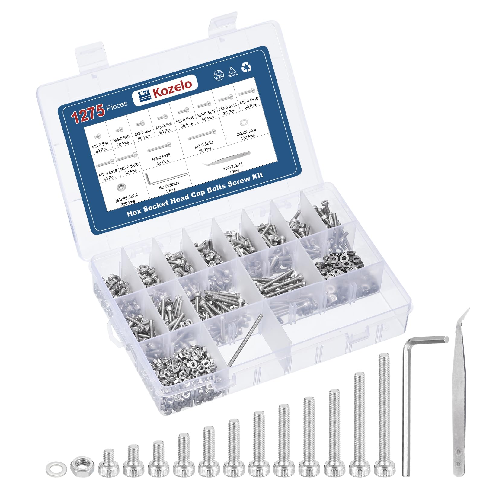 Kozelo 1275pcs M3 Socket Head Cap Screws Bolts Nuts Assortment Kit - [M3x4/5/6/8/10/12/14/16/18/20/25/30mm] 304 Stainless Steel Allen Socket Drive for 3D Printer, with Wrench