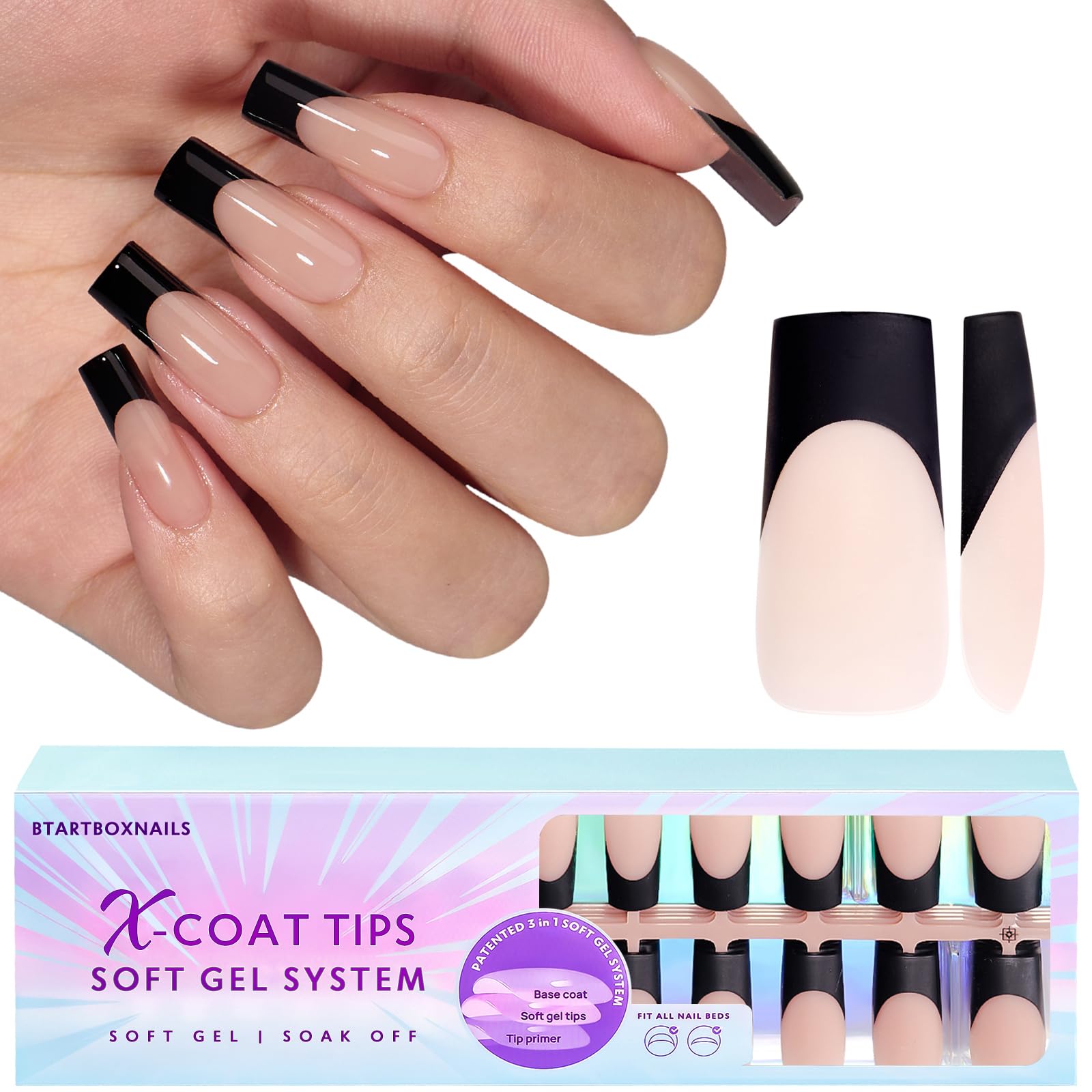 btartboxnails XCOATTIPS Black French Tip Nails, 300pcs Black French Tip Press on Nails, Long Square Black French XCOATTIPS for DIY Nail Art