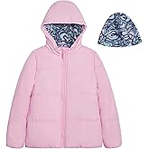 LONDON FOG Girls' Heavyweight Quilted Puffer Jacket with Fleece Beanie