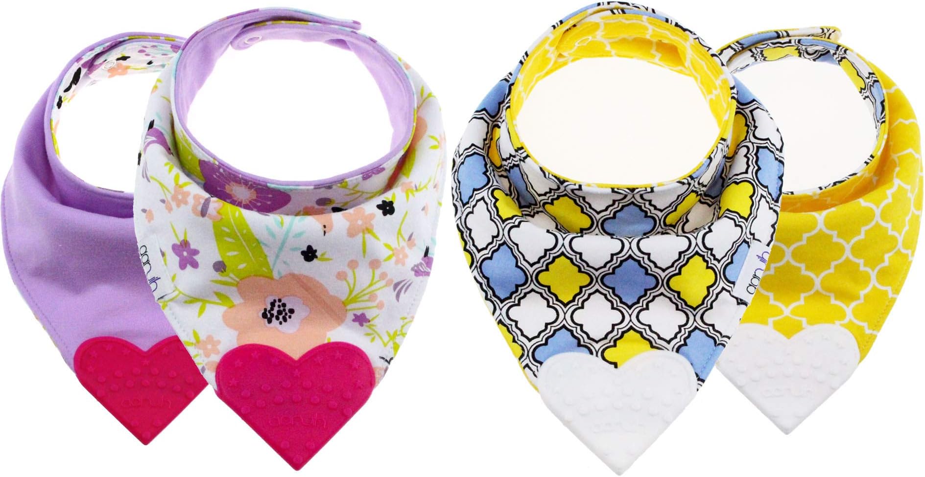Baby Bandana Reversible Drool Dribble Bibs with Silicone Teether for Teething Baby Boys, Baby Girls - Purple/Pink,Blue/Pattern (2 Bibs) with WASH Bag+ 2 Reversible Muslin Cotton Dribble Bibs