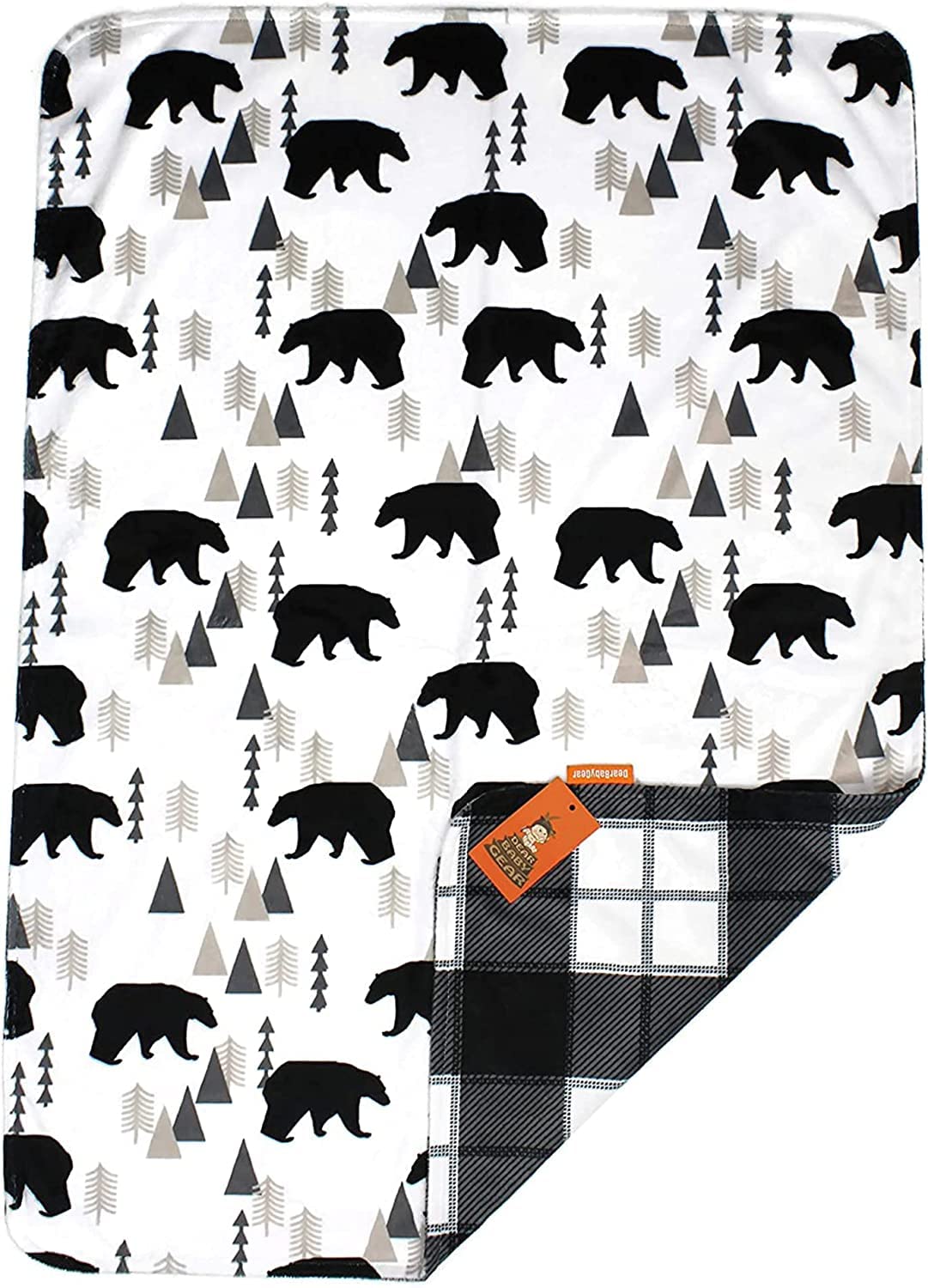 Dear Baby Gear Reversible Baby Blankets - Soft Nursery Blanket for Newborn - Toddler Blankey - Throw Blanket for Boys & Girls - Infant Blankets -40x30 (Black Bears, Geometric Trees/Black&White Plaid)