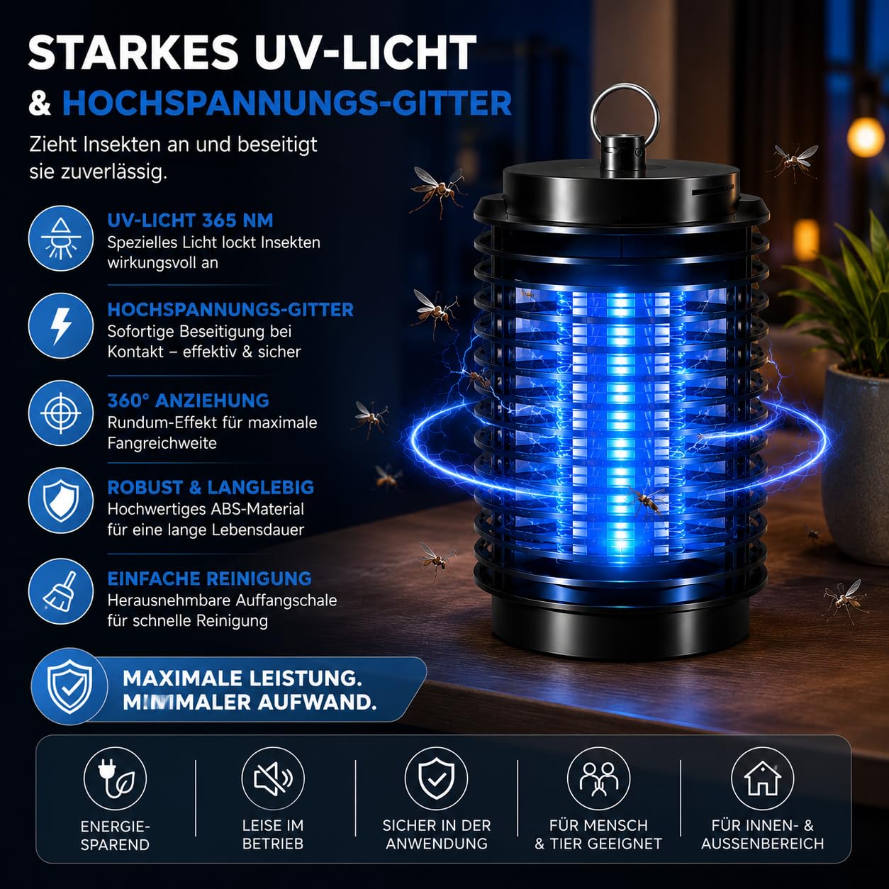 Elektrischer Insektenvernichter mit UV-Lampe – effektive Mückenlampe zur Abwehr von Moskitos, Fliegen und weiteren Insekten – zuverlässige Mückenfalle Fliegenfalle/Mückenabwehr (Rund) 7