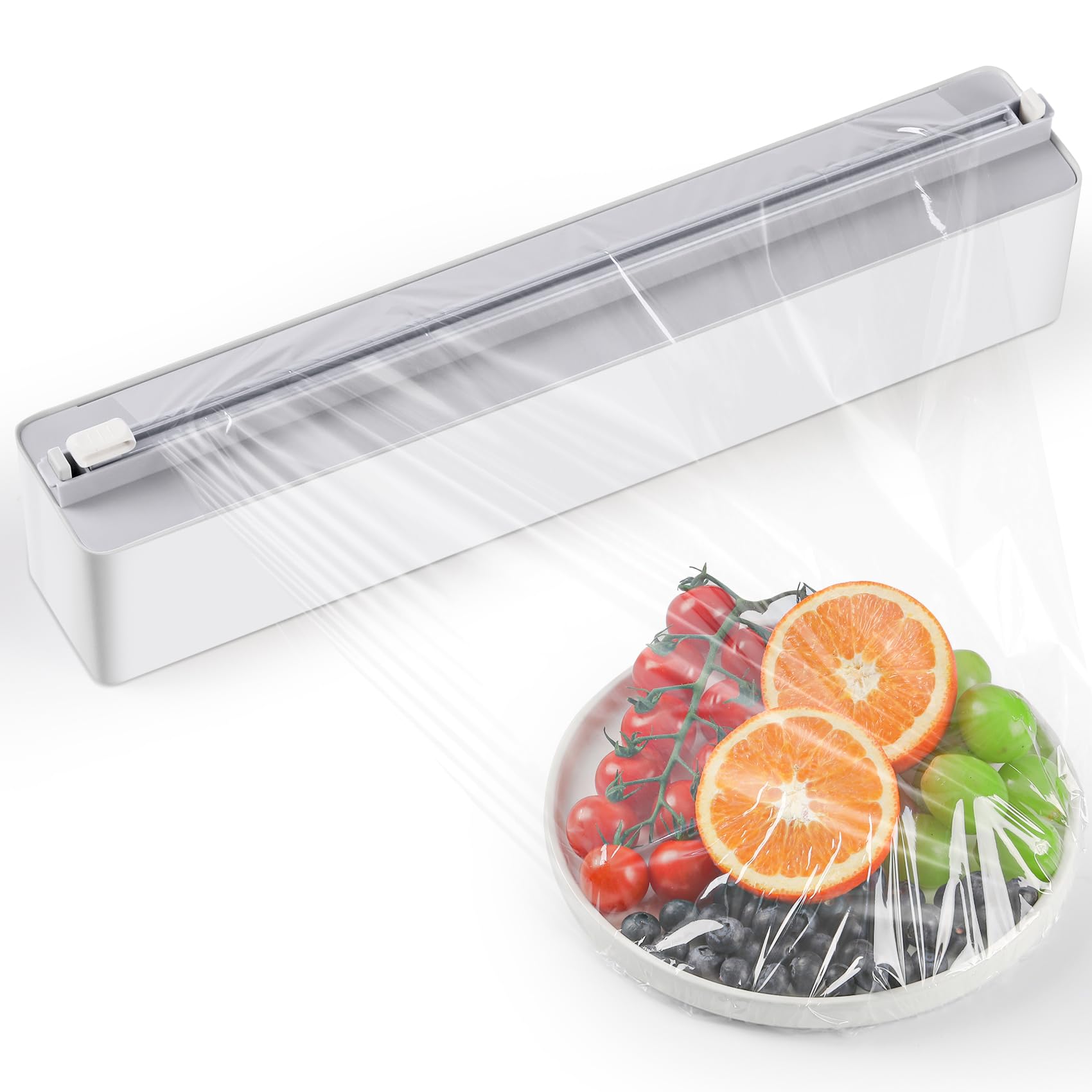 Quasziwa Magnetic Cling Film Dispenser and Cutter - Upgrade Refillable Aluminum Tin Foil dispenser with Cutter wall Mounted, Kitchen Plastic Wrap Organizer for Drawer, 1X50m Cling Wrap Included, Grey