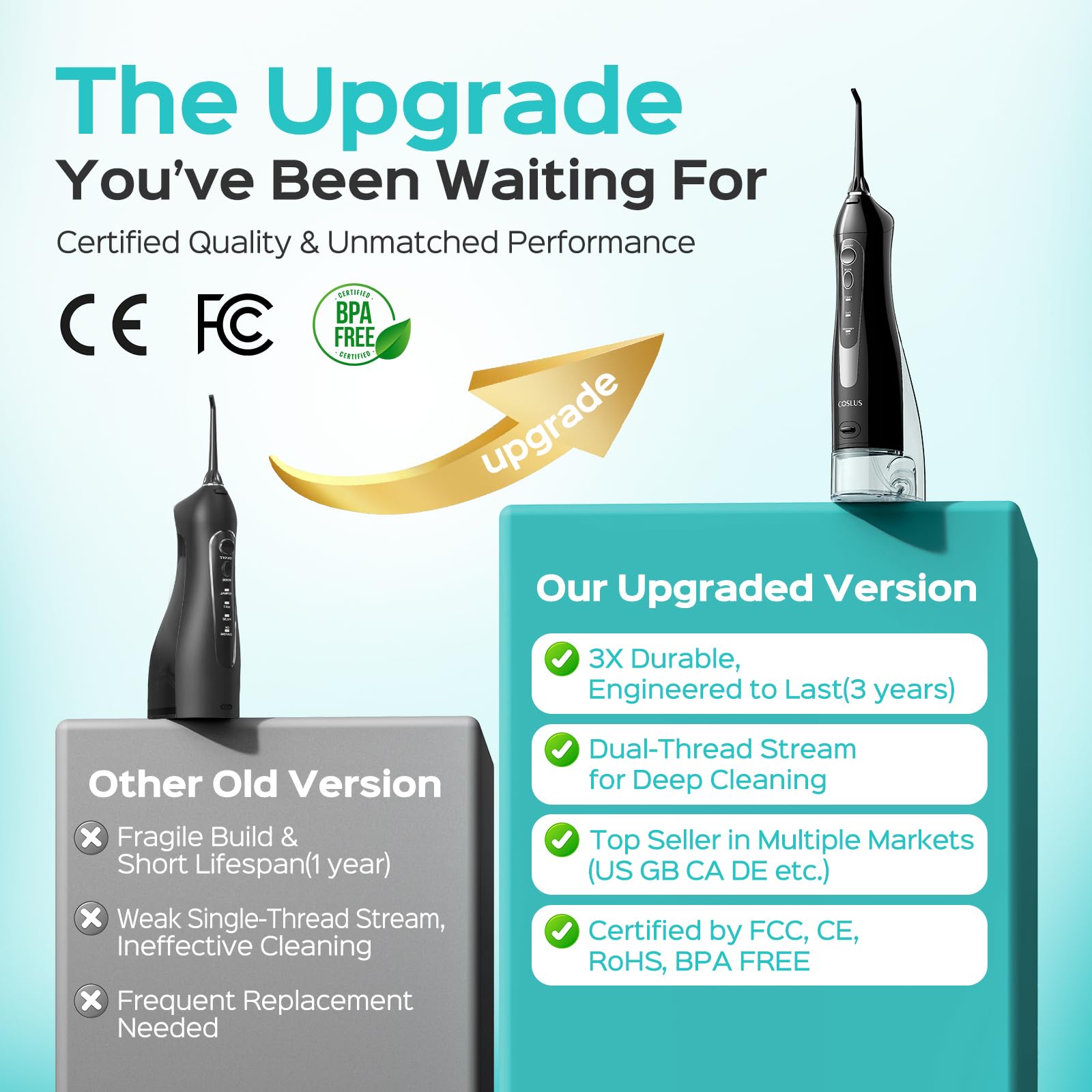 COSLUS Water Dental Flosser for Teeth Cordless: 2025 Upgraded Portable Oral Irrigator 300ML 5 Jet Tips Rechargeable Tooth Flosser Teeth Braces Pick IPX7 Waterproof Irrigation Cleaner for Travel Home