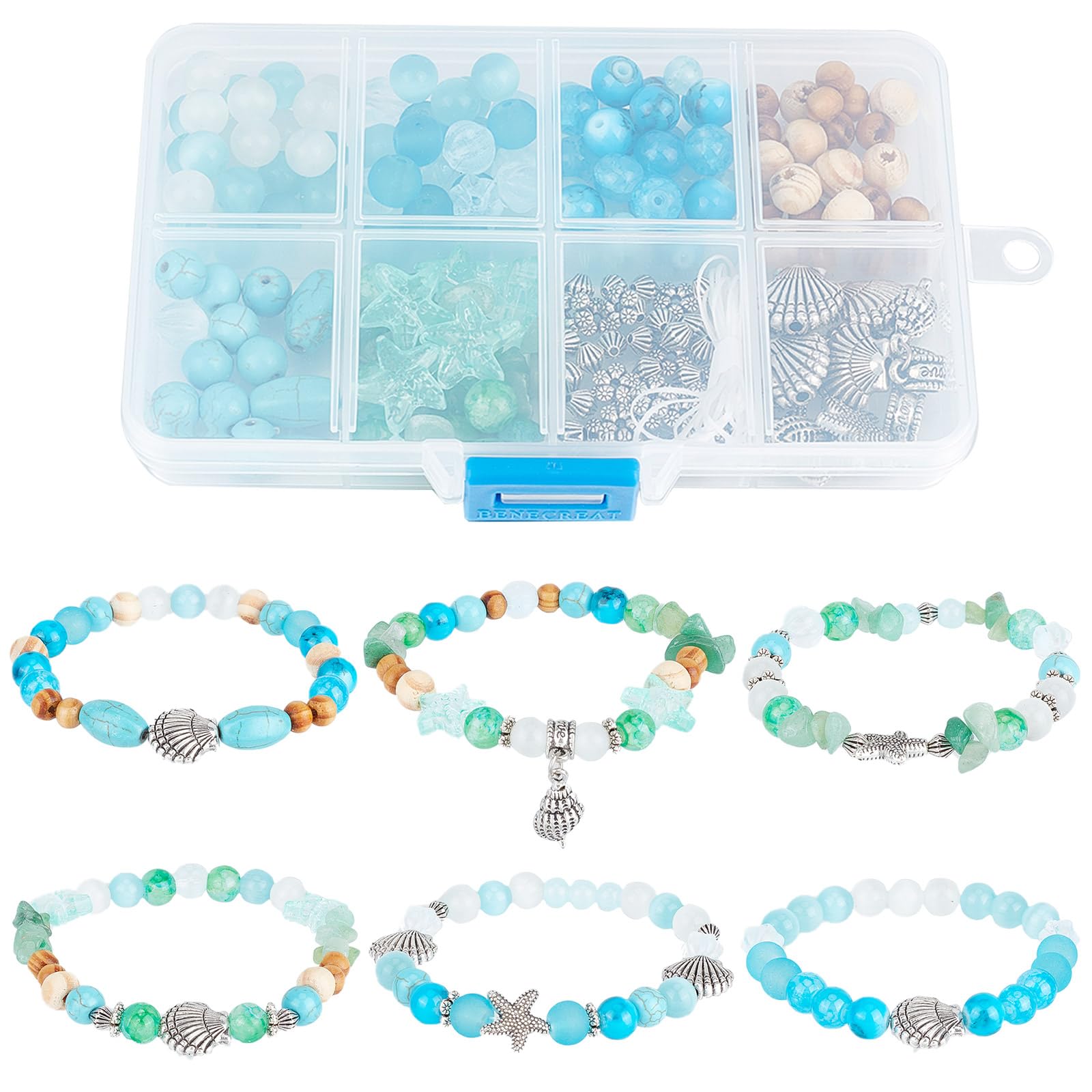 SUNNYCLUE 1 Box 6 Set 197pcs Ocean Bracelet Making Kit Summer Hawaii Bracelets Ankles Sea Animal Beads Blue Glass Beads Sea Shells for Jewellery Making Kits Beginners Starter DIY Beading Kits