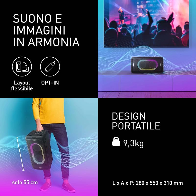SC-BMAX10E-K Altoparlante Portatile per Feste con Bluetooth, Luci Integrate, 150W, USB, Ingresso Ottico per TV, Ingressi Chitarra e Microfono per Karaoke, Nero