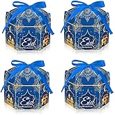 Estivaux 12 Pack Eid Mubarak Boxes, Ramadan Candy Box Eid Gift Bags Eid Mubarak Goodie Boxes Blue Ramadan Treat Storage Case with Ribbon for Eid Party Birthday Carnival Decorations