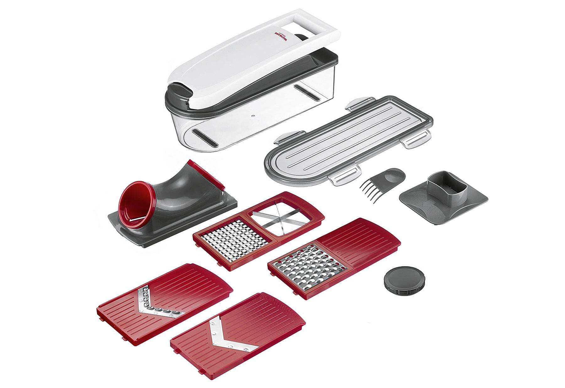 Westmark Vegetable Slicer/Dicer with lid, collecting container and 5 cutting inserts, 12 piece set, stainless steel/plastic, Dicer Star Plus, white/transparent/red, 97112260