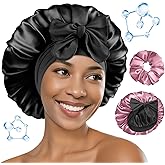 BONNET QUEEN Silk Bonnet for Sleeping Women HYALURONIC Acid Reversible Double Layer Satin Bonnet Night Sleep Cap Wrap for Curly Hair with Adjustable Tie Band & Scrunchie, Black & Rose Gold