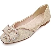 Women's Square Head Flat Shoes Fashion Glittering Rhinestone Bride Wedding Dress Shoes Comfortable Non Slip Slip on Walking Shoes