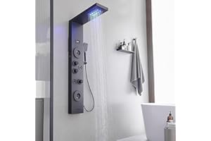 BATHLAVISH 6 in 1 Shower Panel Tower System, Rainfall Shower Panels Set w/LED and Digital Display Stainless Steel Shower Tower with Waterfall Tub Spout 2-Type Massage Jets Handheld Head Matte Black