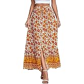 GEZOUR Women's Boho Maxi Skirt Vintage Floral Print Elastic High Waist Split A Line Long Skirts