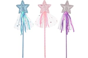 Prasacco 3 PCS Fairy Wands Glitter Princess Wands Star Wands Fairy Stick for Christmas Costume Prop Birthday Party Supply Cosplay Accessories