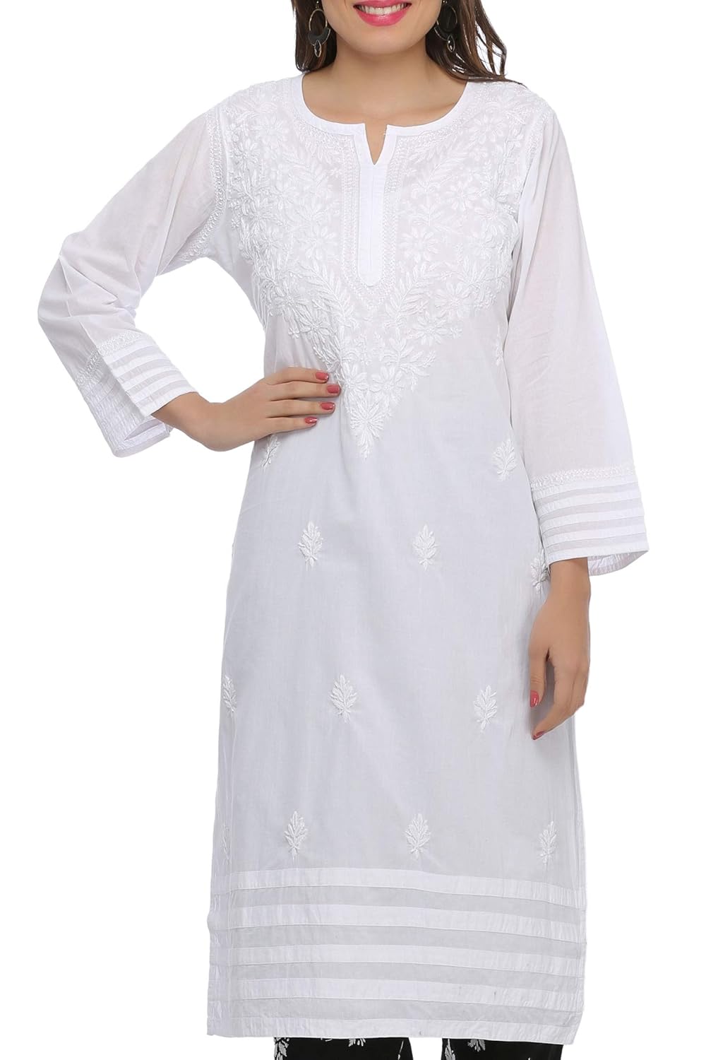 ada needlecraft ethnic chikan white cotton kurti for women casual wear