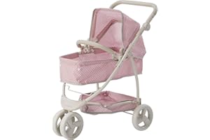 Olivia's Little World 2-in-1 Convertible Baby Doll Stroller with Retractable Canopy, All-Terrain Wheels, and Adjustable Handle, Cream and Pink with Gray Polka Dots