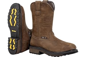 CVDSHU Steel Toe Work Boots for Men Cowboy Boots Square Toe Western Leather Slip On Oil & Slip Resistant Safety Boot Brown