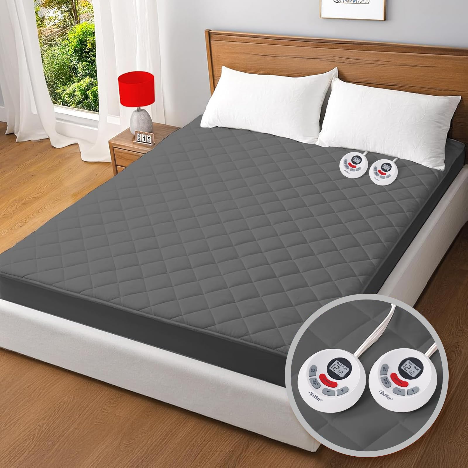 Photo 1 of Heated Mattress Pad King,Dual Controller Electric Mattress Pad with Preheat Functions,Bed Warmer with 12 Heat Settings & 1-12 Hours Auto Shut Off, Machine Washable(78"x80",Grey)