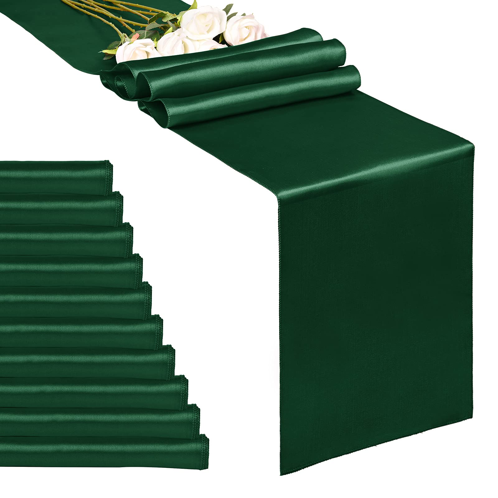 View 1 of 10-Pack Forest Green 12 x 108 inches Long Premium Satin Table Runner for Wedding, Decorations for Birthday Parties, Banquets, Graduations, Engagements, Table Runners fit Rectange and Round Table