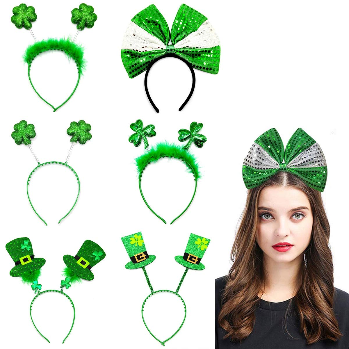 6 PCS St Patrick's Day Green Shamrock Clover Headbands Shamrock Headband Boppers for St. Patrick's Day Holiday Costume Accessories