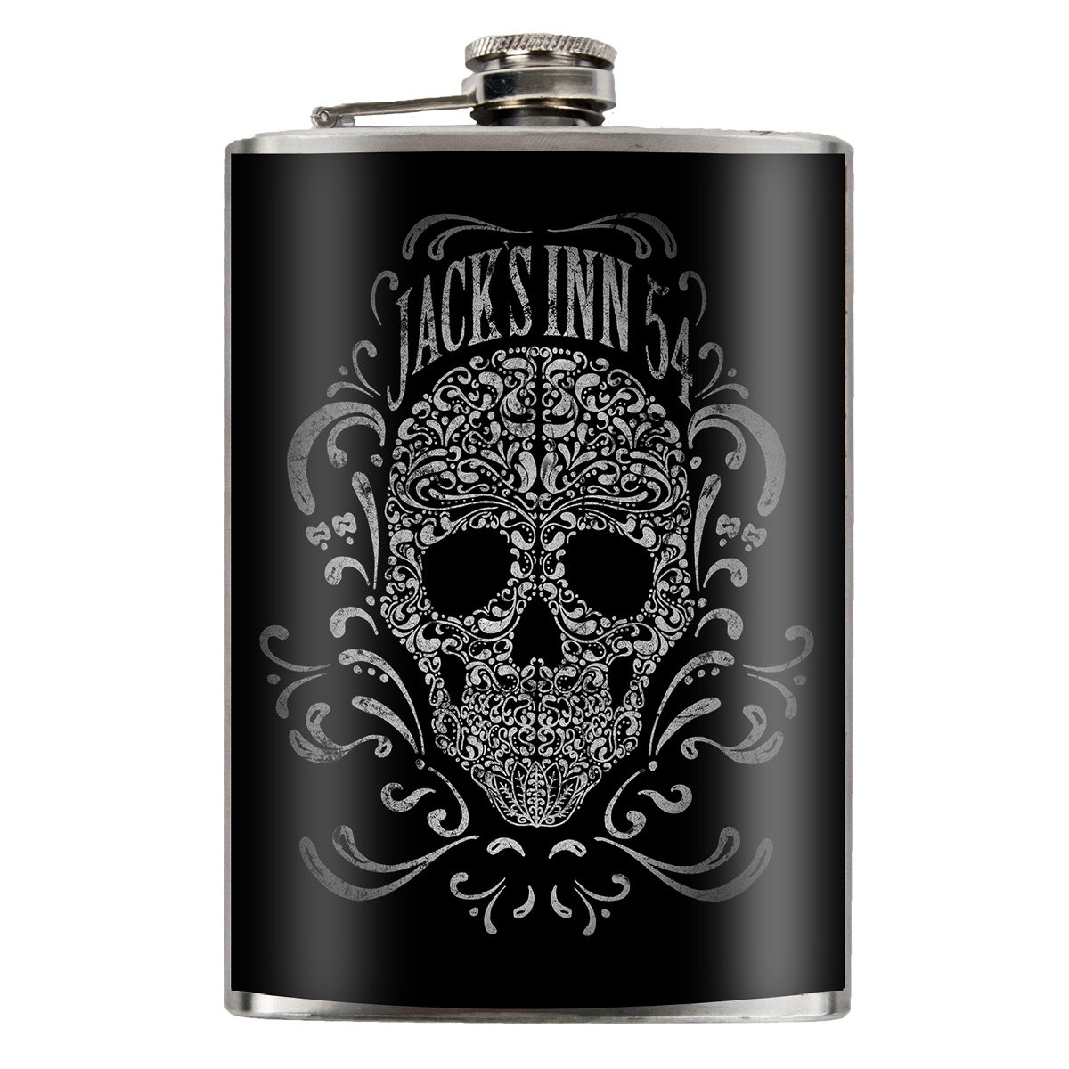 Jack's Inn 54 - "Florish Skull" Stainless Steel Hip Flask with Vinyl Print 240 ml / 8 oz