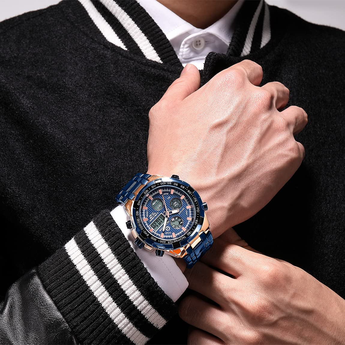 Affute Armbanduhr für Herren, Schwerer Chronograph aus Edelstahl, wasserdicht, mit Datums- und Alarmfunktion, Analog-/Digitalanzeige (Rose Gold Blue)