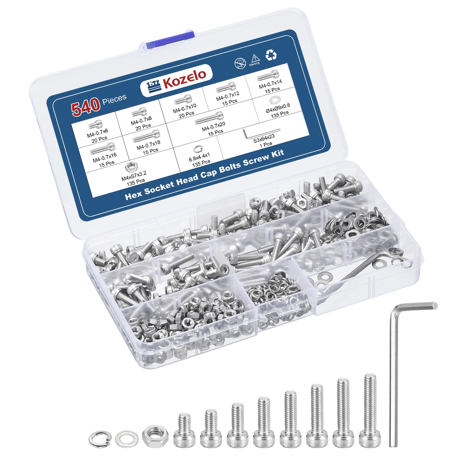 Kozelo 540pcs M4 Socket Head Cap Screws Bolts Nuts Assortment Kit - [M4x6/8/10/12/14/16/18/20mm] 304 Stainless Steel Allen Socket Drive for 3D Printer, with Wrench