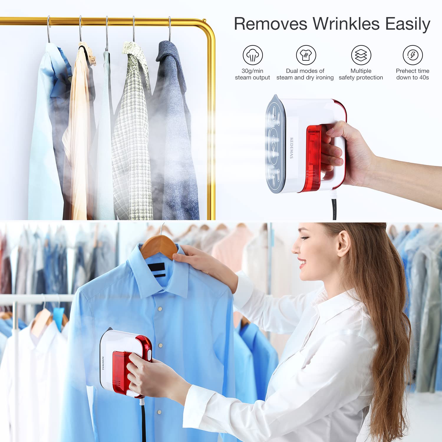 Steamer Iron for Clothes,Travel Mini Iron,1300W Clothes Steamer,Fast Wrinkle Removal with Large 100ml Tank,Ideal for All Fabrics,Compact and Portable Travel Garment Steamer (Red) ONLY FOR 120V