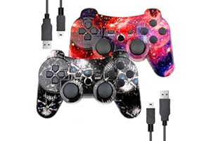 BURCICA PS3 Controller 2 Pack Wireless Motion Sense Dual Vibration Upgraded Gaming Controller for Sony Play Station 3 with Charging Cord (Black and Red)