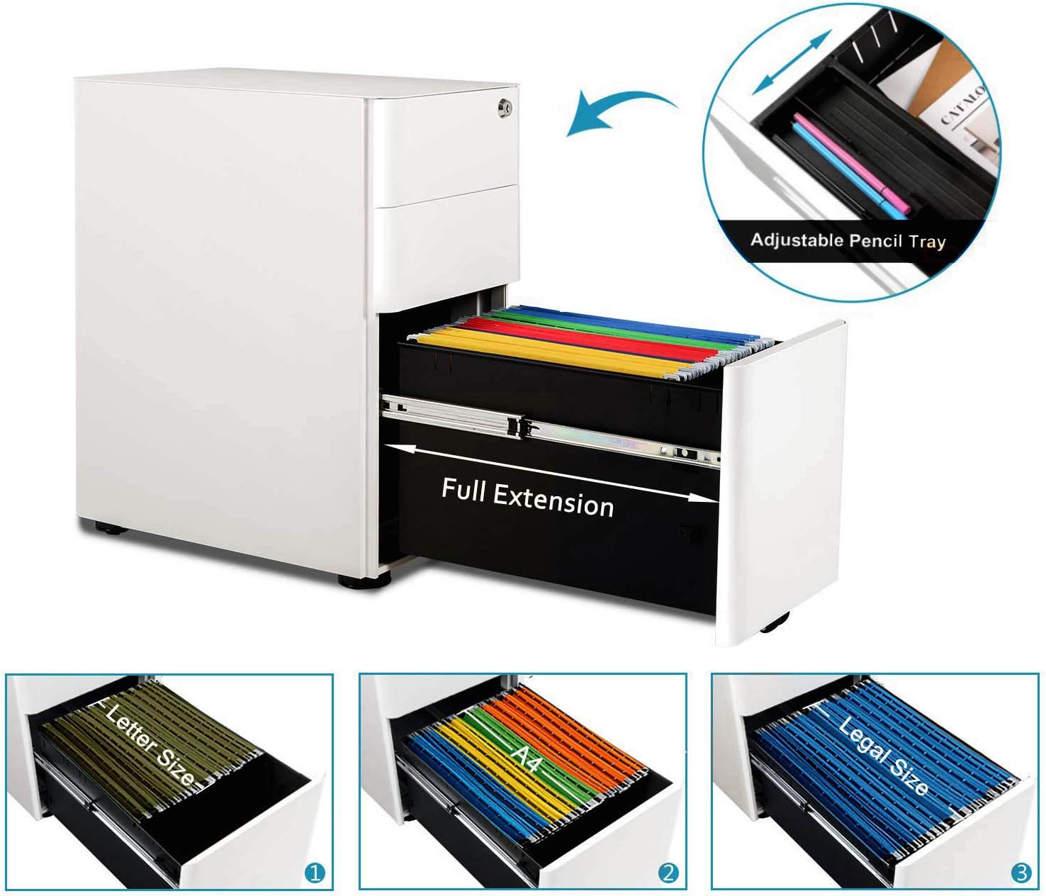 DEVAISE 3-Drawer Slim Vertical File Cabinet, Fully Assembled Except Casters, Legal/Letter Size, White : Office Products