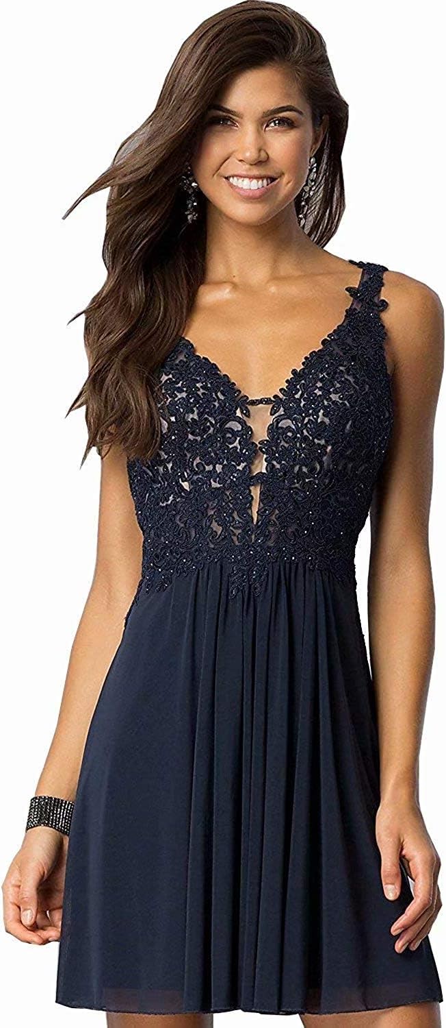 BetterGirl Damen Chiffon Abendkleider Elegant Kurz Spitze Ballkleid  V-Ausschnitt Partykleider Cocktailkleid