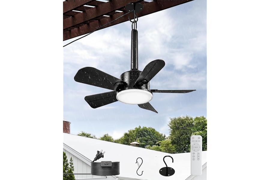 NWOP 20 Inch Plug-In Outdoor Ceiling Fan with Light and Remote, Waterproof Wet Rated Mini Ceiling Fan for Small Spaces, 5 Blade Quiet Compact Ceiling Fan for Patio Balcony Gazebo Porch, Black