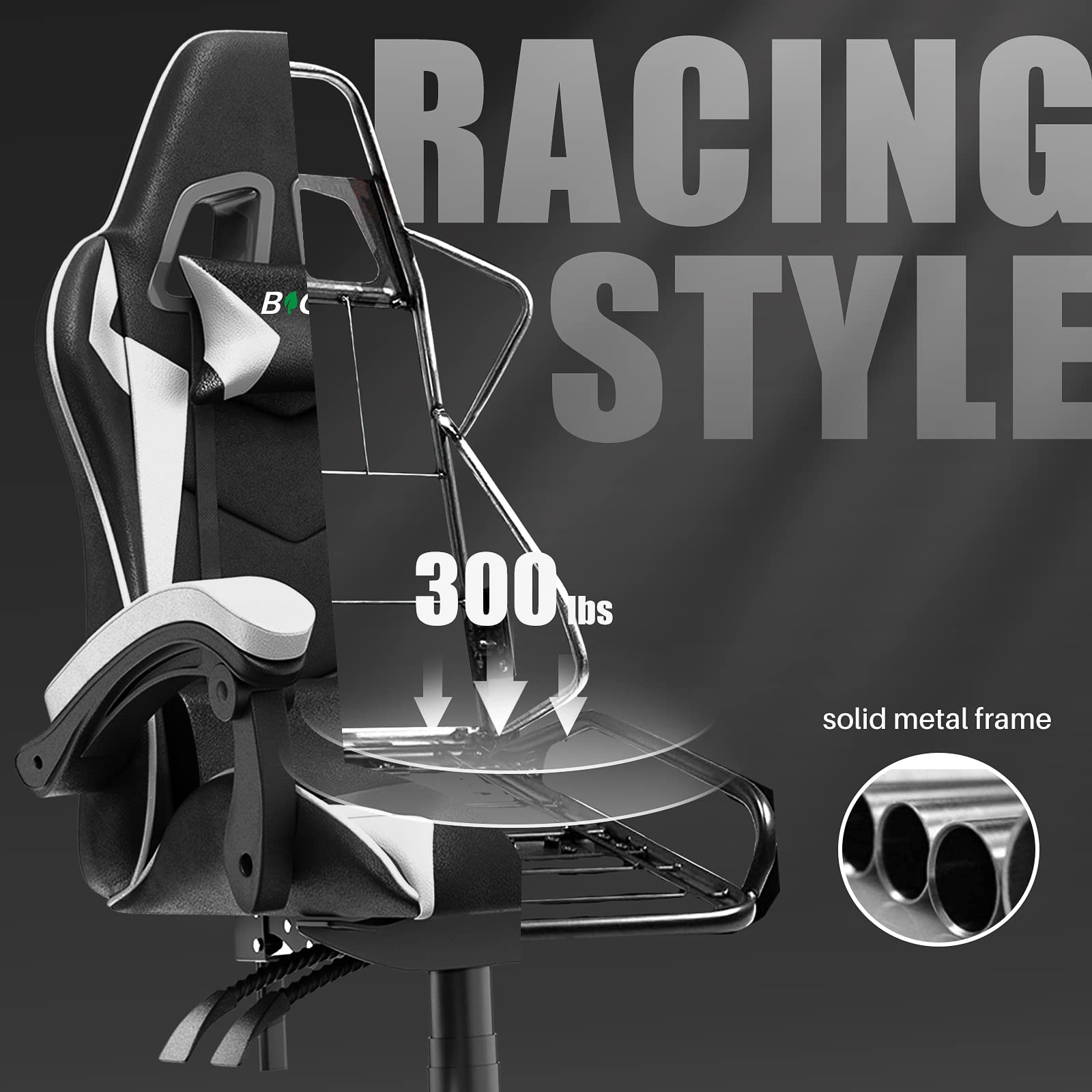 bigzzia Gaming Stuhl Ergonomisch Gaming Chair mit Lendenkissen und Kopfstütze, Gamer Stuhl Höhenverstellbar, Pc Stuhl für Erwachsene Mädchen Junge, Schwarz-weiß 6