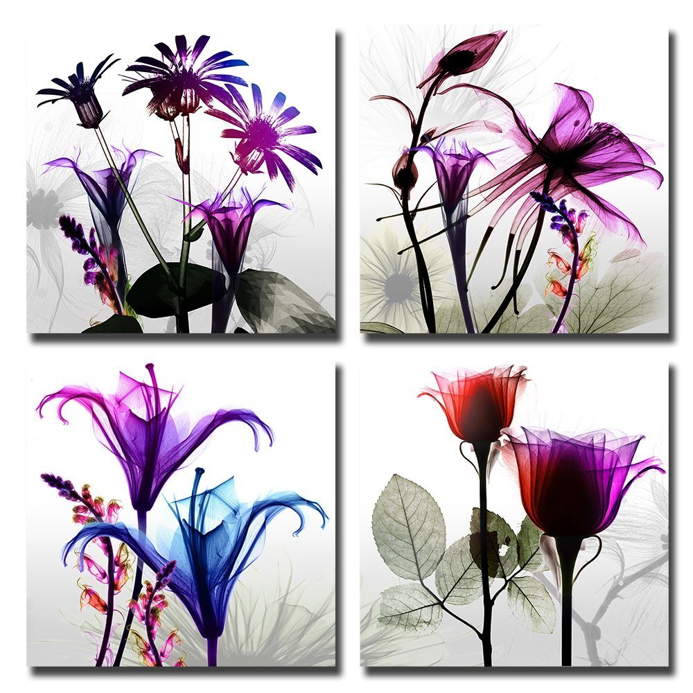 GOUPSKY Modern 4 Panels Purple Flowers Wall Art Giclee