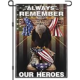 Memorial Day Garden Flag 12x18 Inch Always Remember Our Heroes Garden Flag 4th of July Independence Day Veterans Day Flag 3ply Polyester Double Sided for Outdoor House Yard Patriotic Holiday Decor