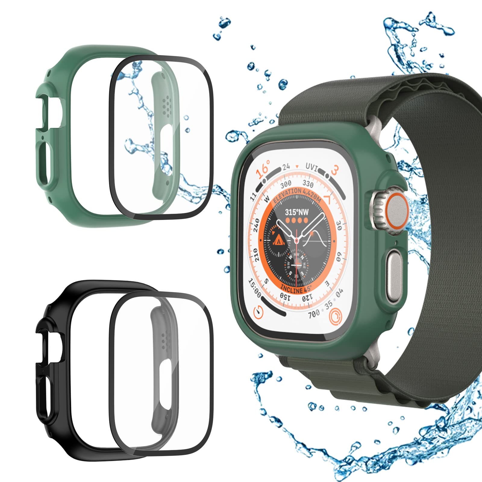 [2 + 2 Pieces] Case for Apple Watch Ultra 49 mm Protective Case, Haojavo Screen Protector Hard + HD Tempered Glass ScratchResistant Case Protective Accessories for iWatch Ultra 49 mm (Official Green