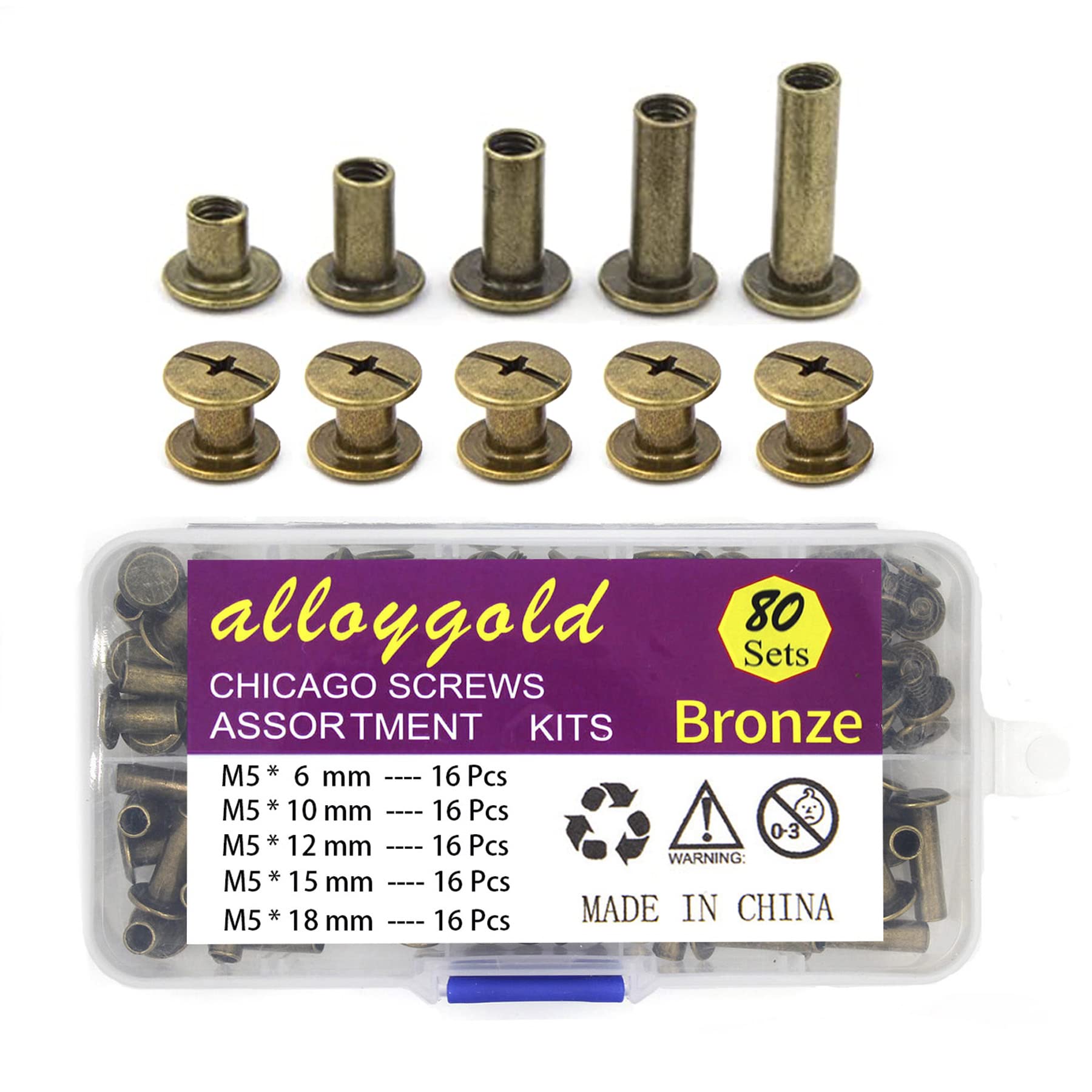 Alloygold 160Pcs Chicago Screws Leather Rivets Assorted Screw Rivets M5 Chicago Binding Screws for Decorate and Repair Leather Craft Belt Bag Shoes Purse Bookbinding (Bronze, M5*6,10,12,15,18)