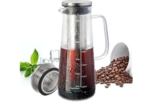 LHS Cold Brew Coffee Maker 2 in 1 Iced Coffee Maker, Glass Pitcher with Lid- 1.2Liter / 40oz, Stainless Steel Filter Removable and BPA-Free Glass Carafe for Iced Coffee, Cold Brew Tea, Juice