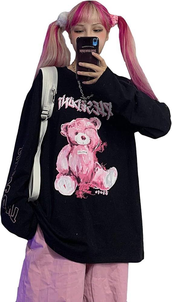 Amazon くま柄 ｔシャツ カットソー トップス レディース 長袖 可愛い 病みかわいい プリント 袖ロゴ 原宿系 おしゃれ ゆったり 大きいサイズ 韓国ファッション 春秋 Tシャツ カットソー 通販