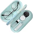 MoKo Double Eyeglass Case, Contact Lens Case with Mirror Tweezers Remover, 2 in 1 Double Sided Portable Contact Lens Box Holder Container Soak Storage Sunglasses Pouch for Men Women, Marble Light Blue
