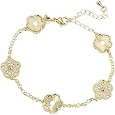 14K Gold Filled Clover Lucky Bracelet For Women - Double Sided Stone Plant Five Leaf Flower Adjustable Zircon Bracelet, Clover Bracelet, 4 Leaf Clover Bracelet (Gold - Clover Bracelet)