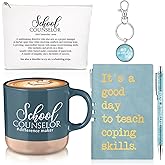 SiliFine 5 Pcs School Counselor Gifts Ideas for Women Men 13oz Ceramic Mug Appreciation Makeup Bag Keychain Leather Notebook Thank You Pens Gift for Guidance Counselor Teacher(Blue,Classic)