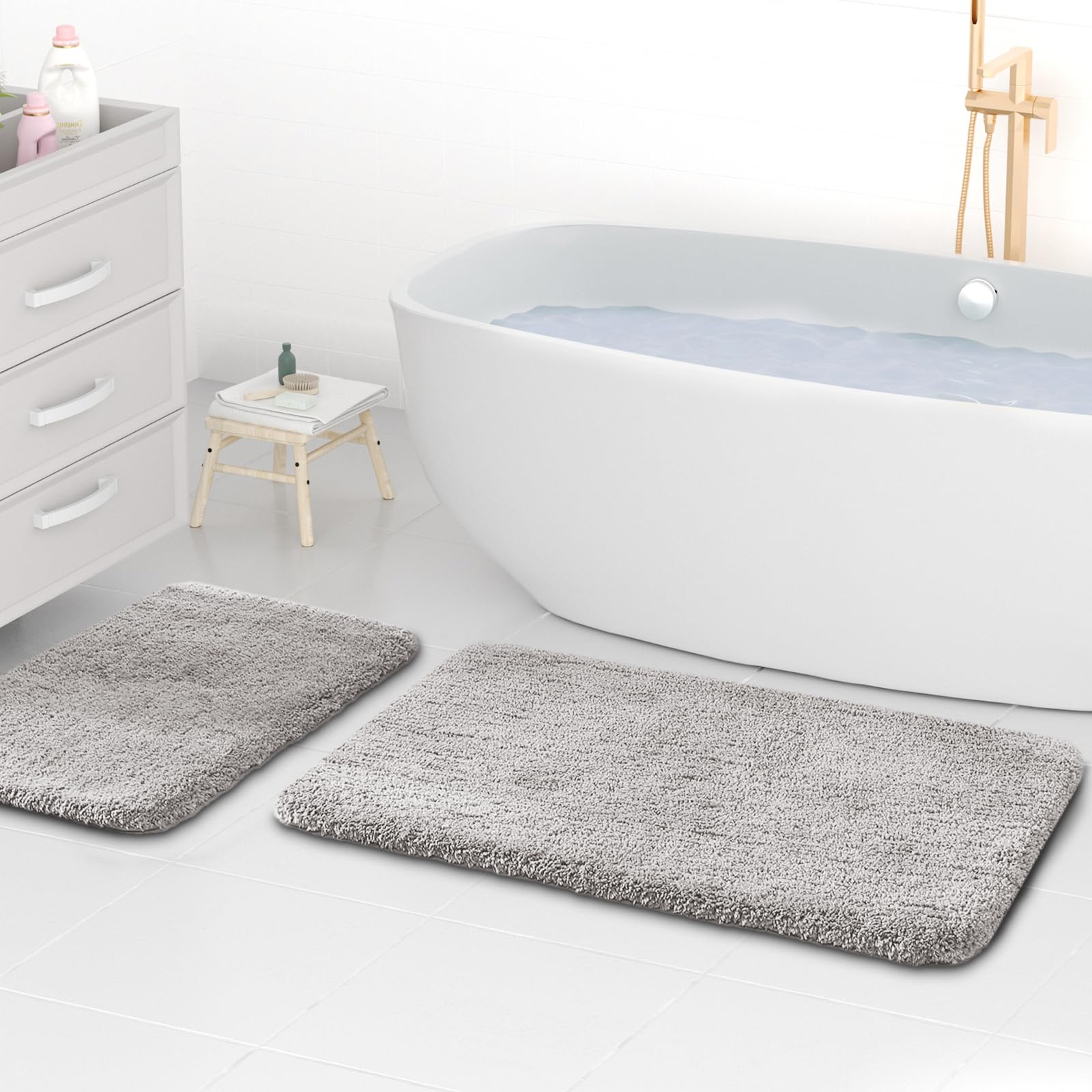 wyewye Microfibre Bath Mats, 2cm Super Thick Bath Rugs, Super Absorbent Bathroom Rugs 50x80cm and 40x60cm, Light Grey