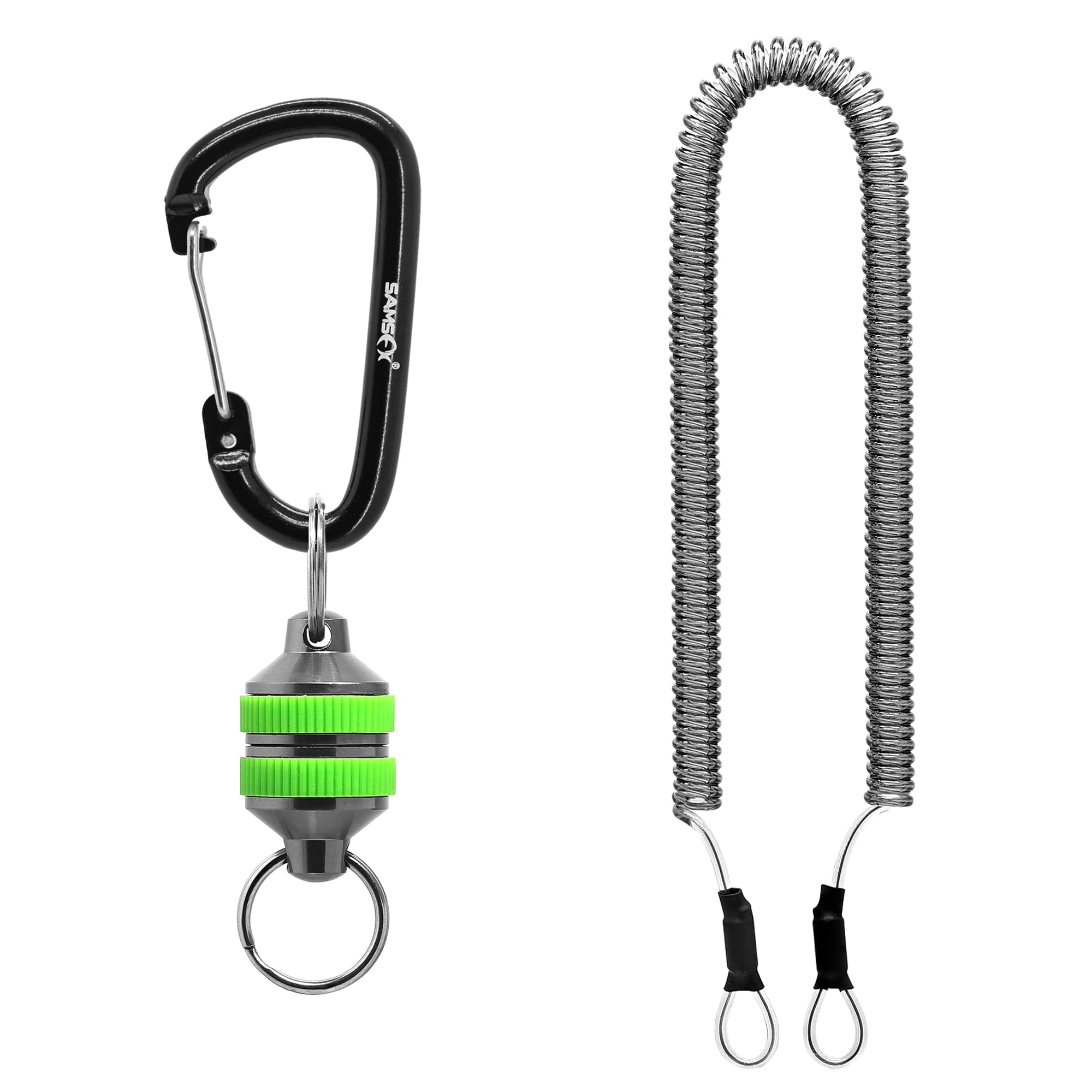 SAMSFX Fly Fishing Magnetic Net Release Holder Keeper Magnet Clip Landing Net Connector with Coiled Lanyard for Cord Free Heavy Gear (Green Grips)