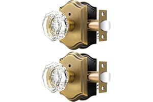Orger Octagonal Crystal Door Knobs 2 Pack, Interior Privacy Door Handle for Bed/Bathroom with Pin Lock Inside, Antique Bronze Vintage Rosette Door Knob with Heavy Duty Genuine Glass