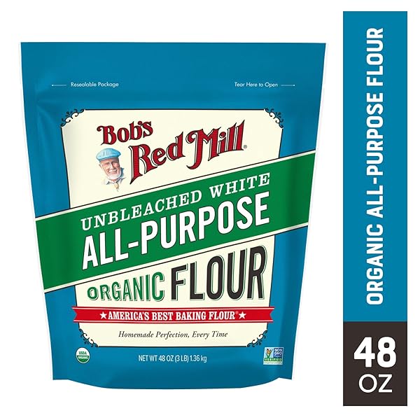 BOB’S RED MILL ORGANIC ALL PURPOSE UNBLEACHED FLOUR, 3 POUND (PACK OF 1) – NON-GMO, VEGAN, UNBROMATED, UNENRICHED