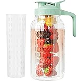 JunVpic Glass Mason Jar Pitcher, 64oz (2 Quart) Wide Mouth Jug with Dual Leak-Proof Pour Spout, Handle Lid for Fruit Drinks, 