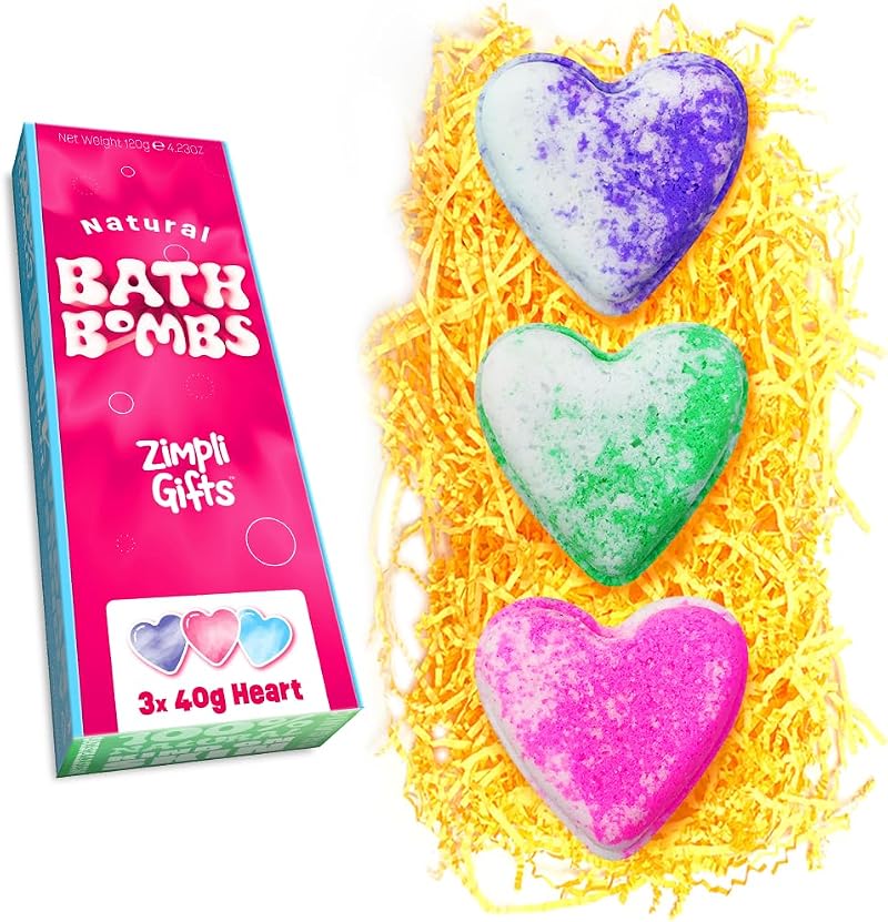 ZIMPLI 3 x UK Made Love Heart Bath Bombs Gift Set Vegan Cruelty Free