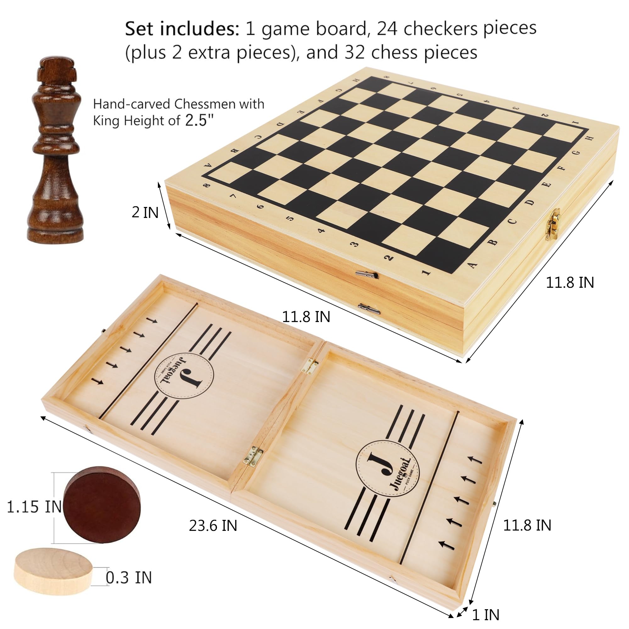 Juegoal 4-in-1 Wooden Fast Sling Puck Set for Kids and Adults, Chess, Checkers, Tic Tac Toe Games, Travel Portable Folding Tabletop Chess Board Game Sets, Interactive Families Toys