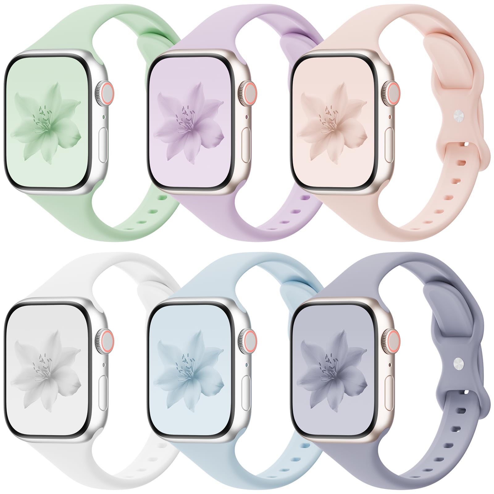 6 Pack Thin Slim Bands Compatible with Apple Watch 38mm 40mm 41mm 42mm 44mm 45mm 46mm 49mm Women Men, Replacement Soft Silicone Sport Strap for iWatch Series 11/10/9/8/7/6/5/4/3/2/1 Ultra SE